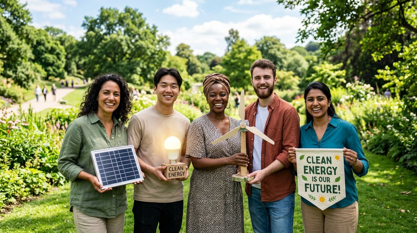 Pessoas conscientes em sustentabilidade com placas solares e lâmpadas